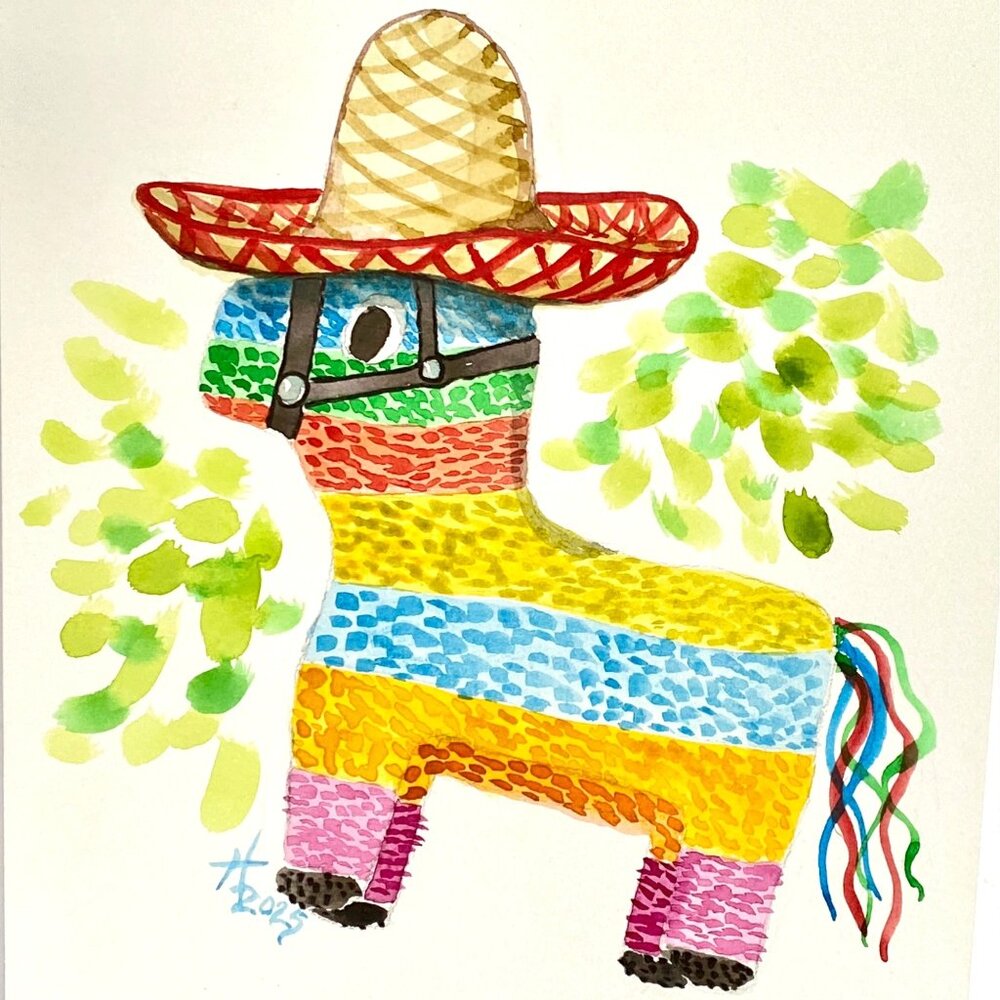 Piñata Pony in a Sombrero Art Original Watercolor Painting Matted 11x14in